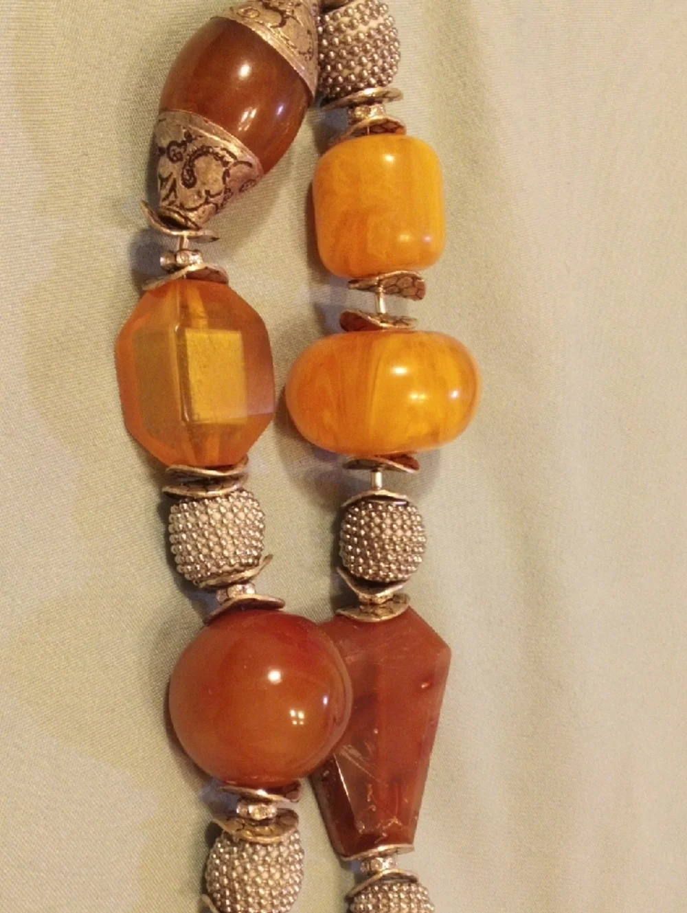 Real Amber-Tone Glass Bead Necklace with Silver Monkey Pendant